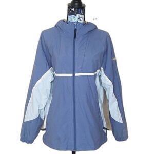 Vintage COLUMBIA Packable Rain Jacket Full Zip Hood Blue Color Block Coat Sz L